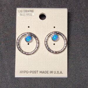 Lab Created Opal Blue Dainty Sterling Silver Earrings Hammered Minimalist Studs